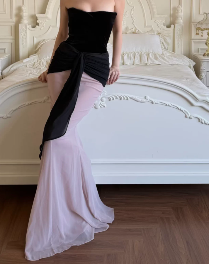 Playful Strapless Prom Dress Black & Pink Mermaid Evening Dress C9380