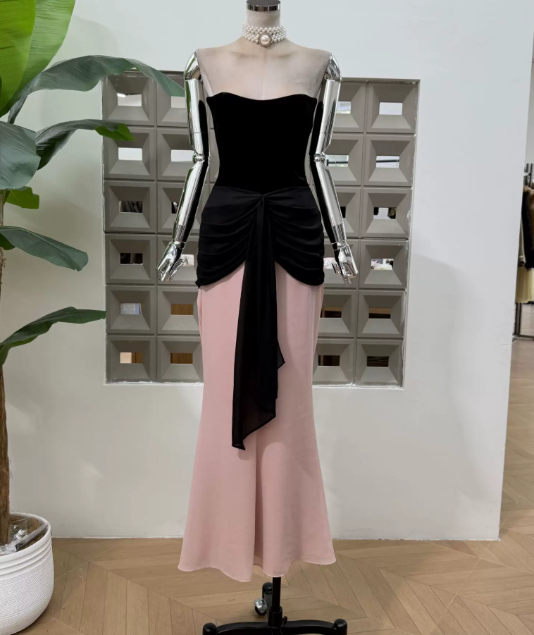 Playful Strapless Prom Dress Black & Pink Mermaid Evening Dress C9380