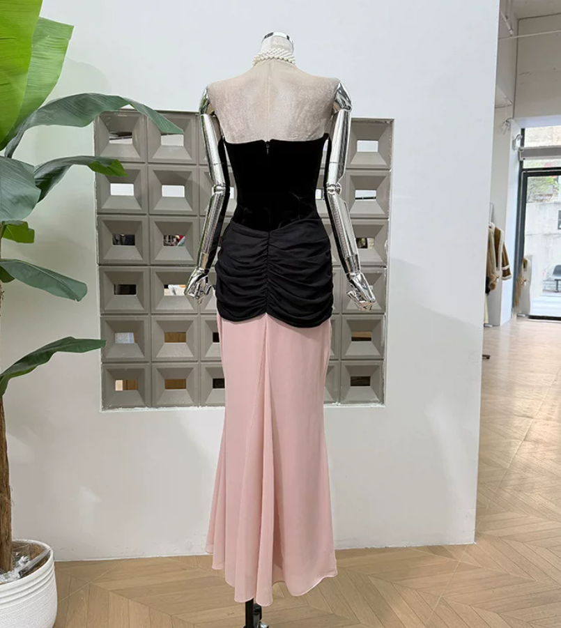 Playful Strapless Prom Dress Black & Pink Mermaid Evening Dress C9380