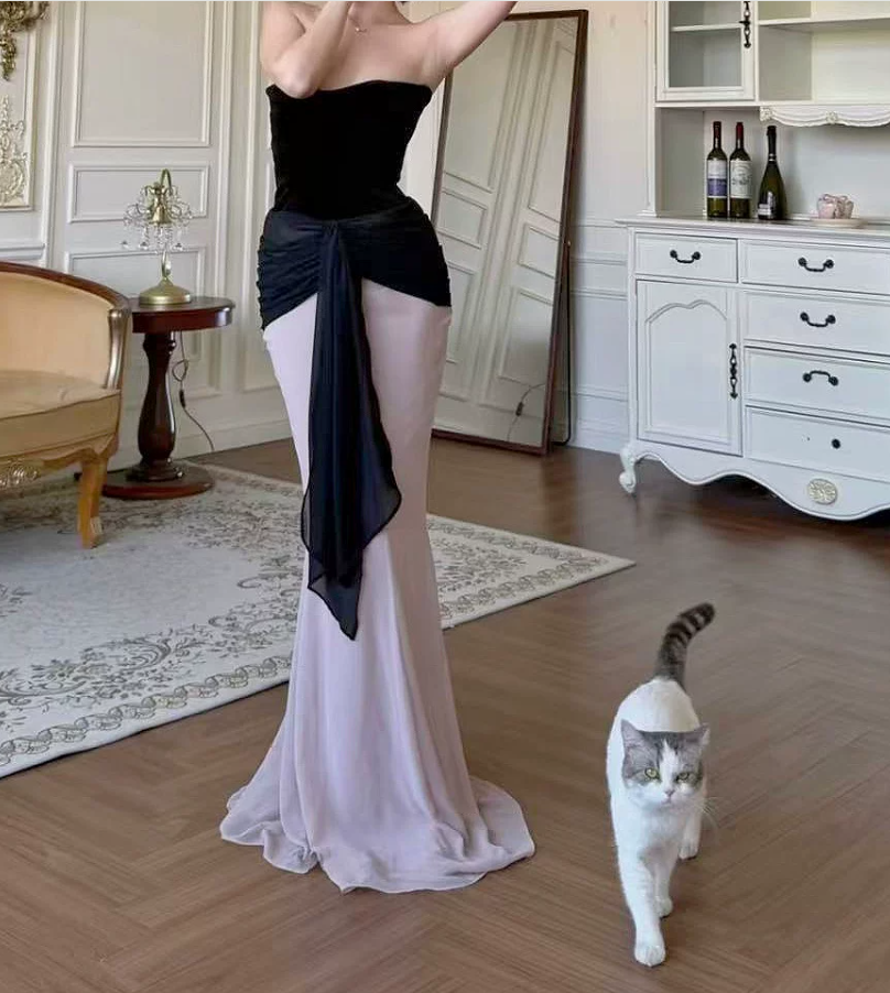 Playful Strapless Prom Dress Black & Pink Mermaid Evening Dress C9380