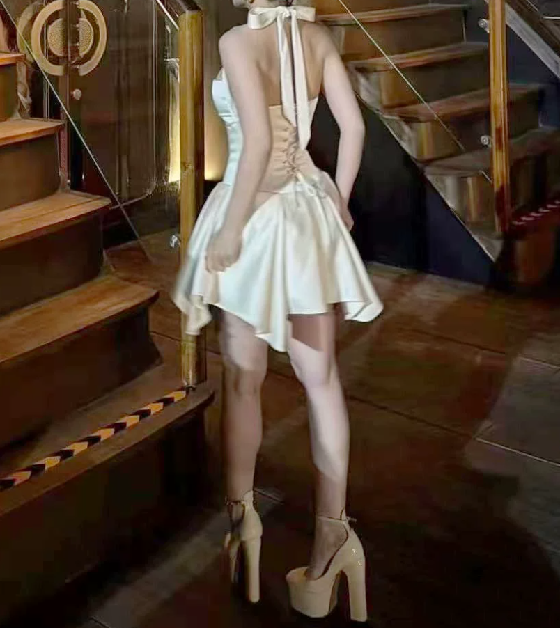 Graceful Halter Neck Homecoming Dress Satin A-Line Party Dress C9381