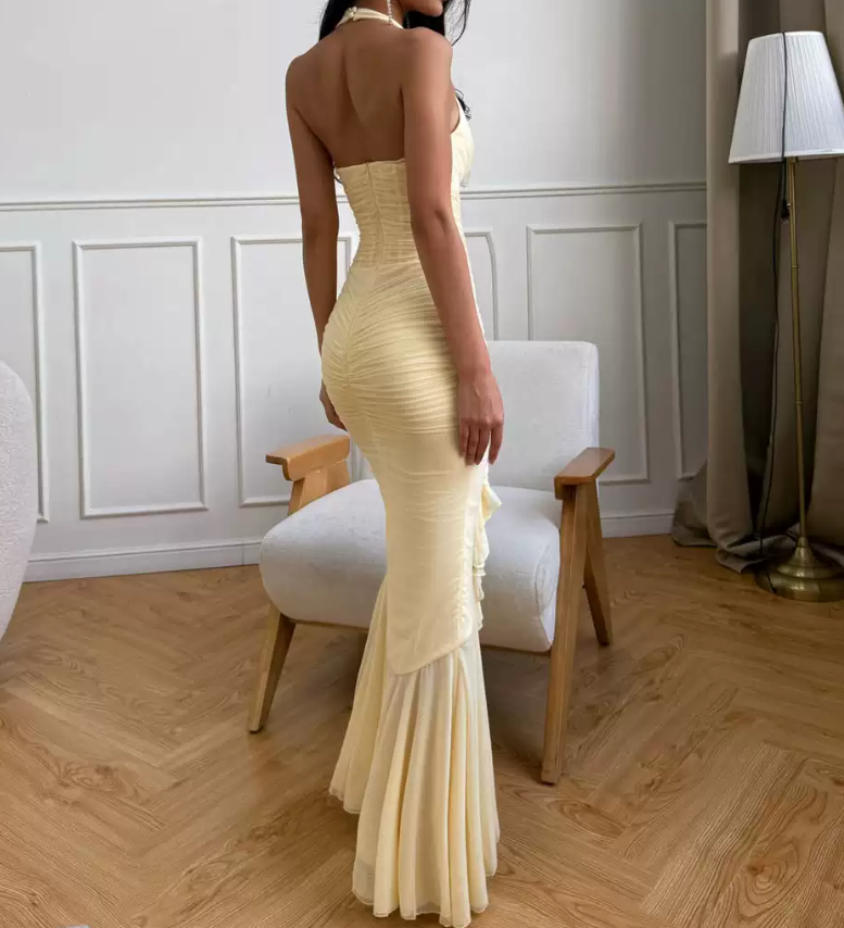 Robe de bal de princesse bustier à volants en satin long, robe de soirée C8117