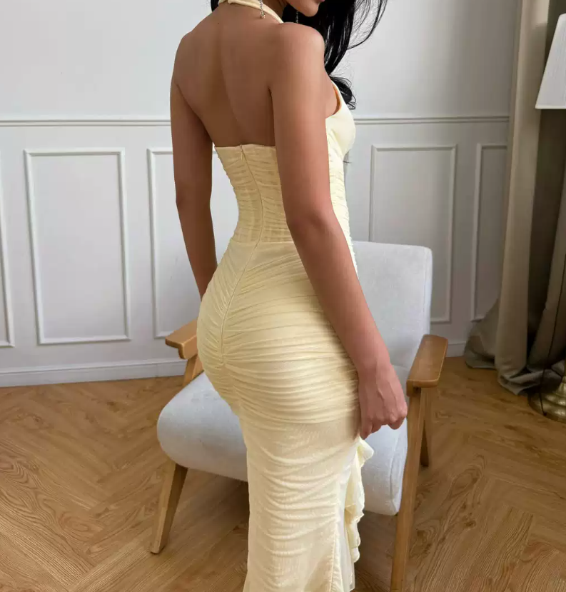Robe de bal de princesse bustier à volants en satin long, robe de soirée C8117