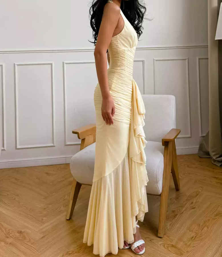 Robe de bal de princesse bustier à volants en satin long, robe de soirée C8117