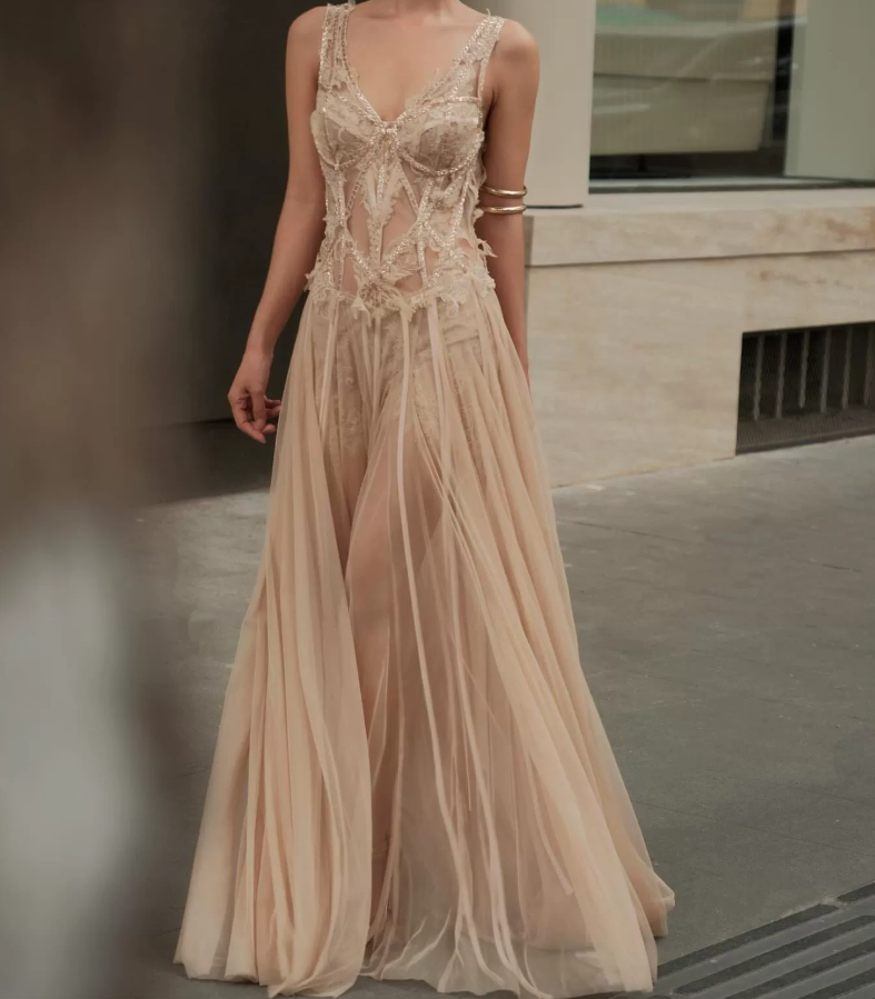 Charming V Neck Prom Dress Sequins Tulle A-Line Evening Dress C9385