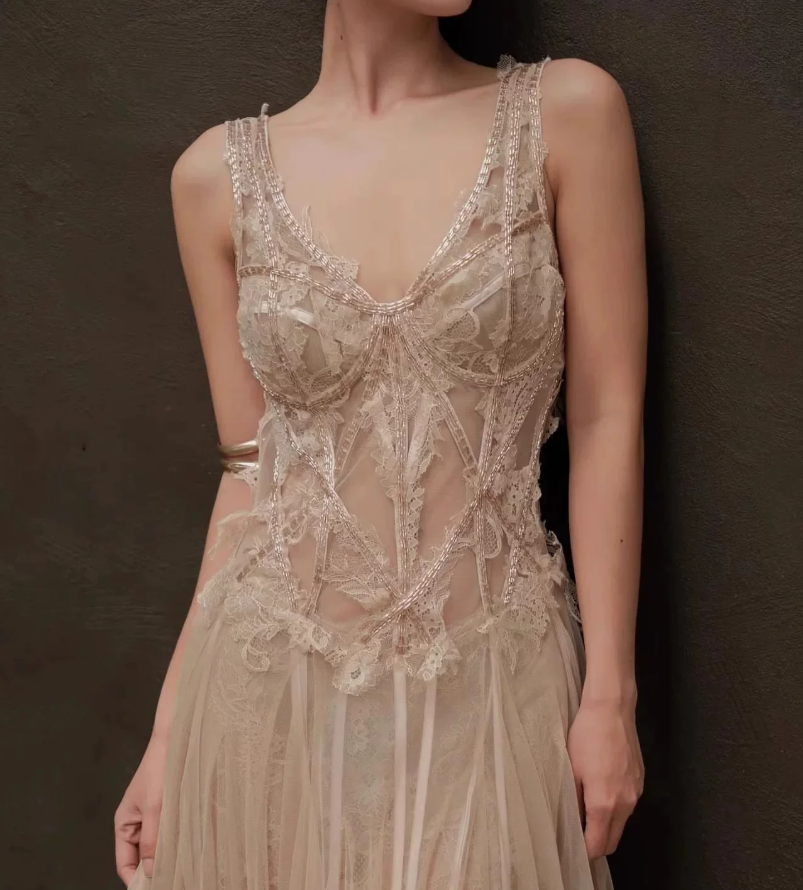 Charming V Neck Prom Dress Sequins Tulle A-Line Evening Dress C9385