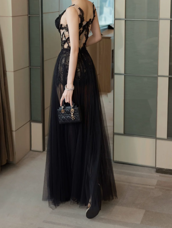 Charming V Neck Prom Dress Sequins Tulle A-Line Evening Dress C9385
