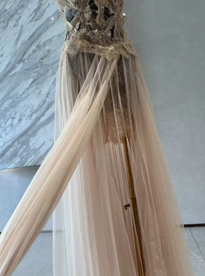 Charming V Neck Prom Dress Sequins Tulle A-Line Evening Dress C9385