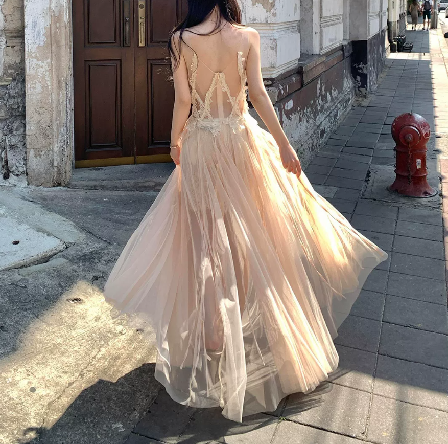 Charming V Neck Prom Dress Sequins Tulle A-Line Evening Dress C9385