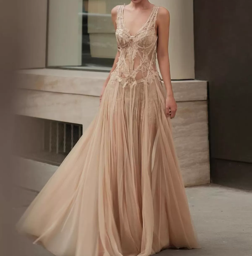 Charming V Neck Prom Dress Sequins Tulle A-Line Evening Dress C9385