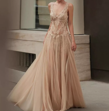 Charming V Neck Prom Dress Sequins Tulle A-Line Evening Dress C9385