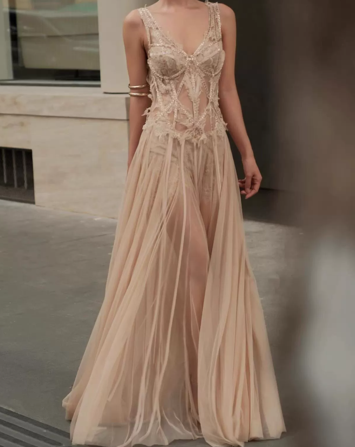 Charming V Neck Prom Dress Sequins Tulle A-Line Evening Dress C9385