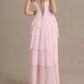 Chic Spaghetti Strap Pink Homecoming Dress Tiered A-Line Party Dress C9386