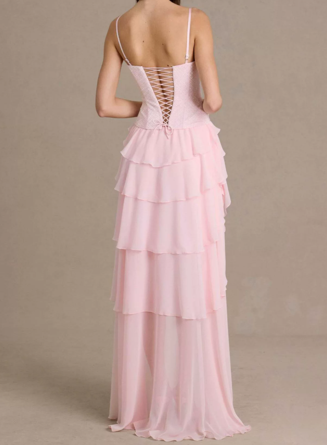 Chic Spaghetti Strap Pink Homecoming Dress Tiered A-Line Party Dress C9386