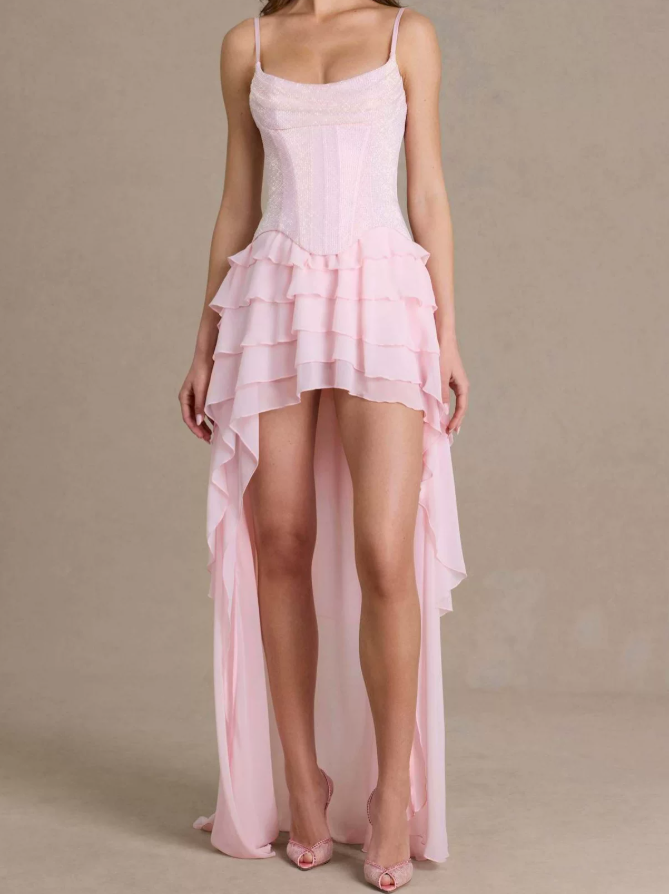 Chic Spaghetti Strap Pink Homecoming Dress Tiered A-Line Party Dress C9386