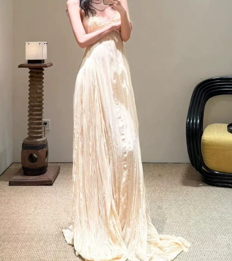 Flowy Spaghetti Strap Prom Dress Beige Lace A-Line Evening Dress C9389