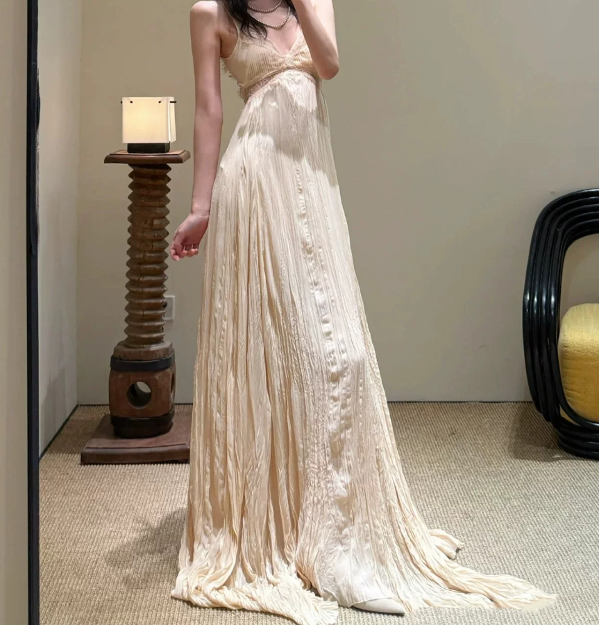 Flowy Spaghetti Strap Prom Dress Beige Lace A-Line Evening Dress C9389