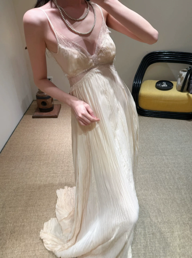 Flowy Spaghetti Strap Prom Dress Beige Lace A-Line Evening Dress C9389
