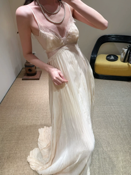 Flowy Spaghetti Strap Prom Dress Beige Lace A-Line Evening Dress C9389