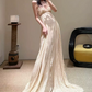 Flowy Spaghetti Strap Prom Dress Beige Lace A-Line Evening Dress C9389
