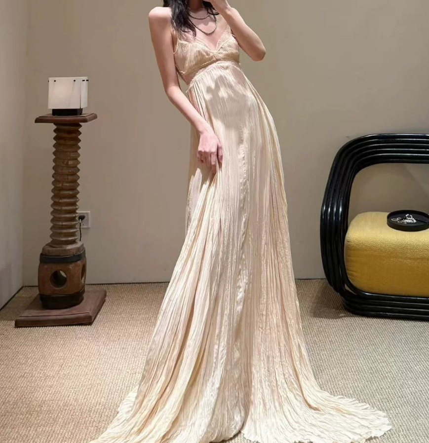 Flowy Spaghetti Strap Prom Dress Beige Lace A-Line Evening Dress C9389