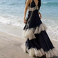 Charming Spaghetti Strap Black Prom Dress Lace Tiered A-Line Evening Dress C9391