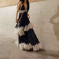 Charming Spaghetti Strap Black Prom Dress Lace Tiered A-Line Evening Dress C9391