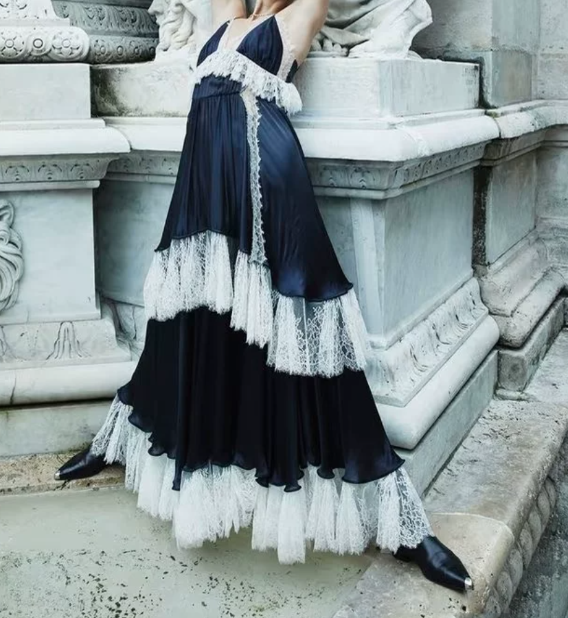 Charming Spaghetti Strap Black Prom Dress Lace Tiered A-Line Evening Dress C9391