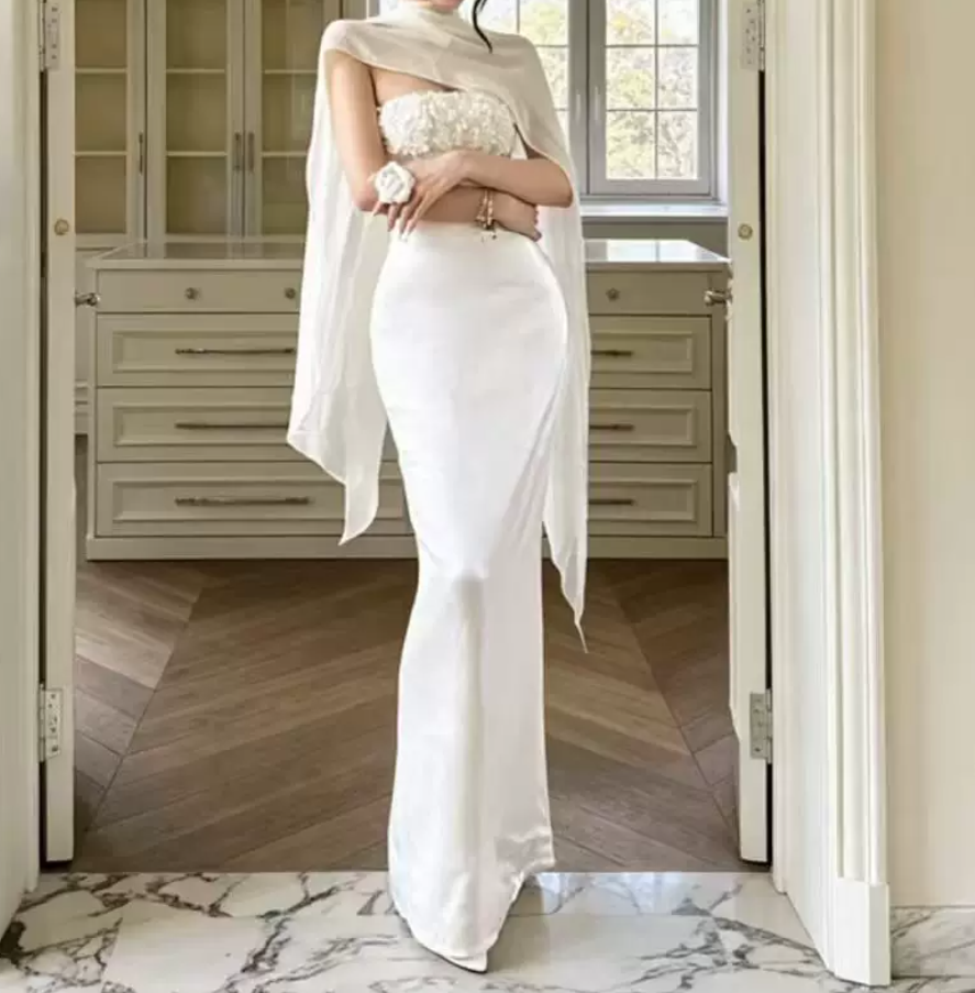 Charming Strapless Ivory Prom Dress Sequins Mermaid Evening Dress C9393