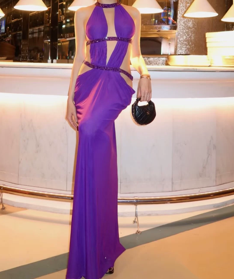 Vintage Halter Neck Prom Dress Cutouts Beaded Mermaid Evening Dress C9395