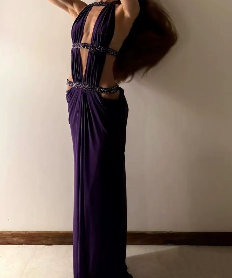 Vintage Halter Neck Prom Dress Cutouts Beaded Mermaid Evening Dress C9395