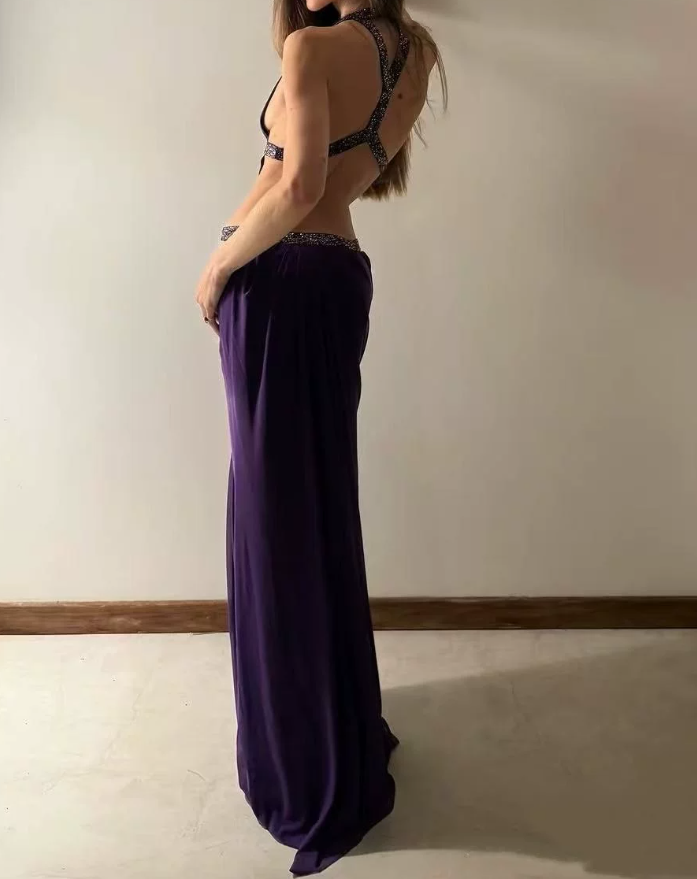 Vintage Halter Neck Prom Dress Cutouts Beaded Mermaid Evening Dress C9395