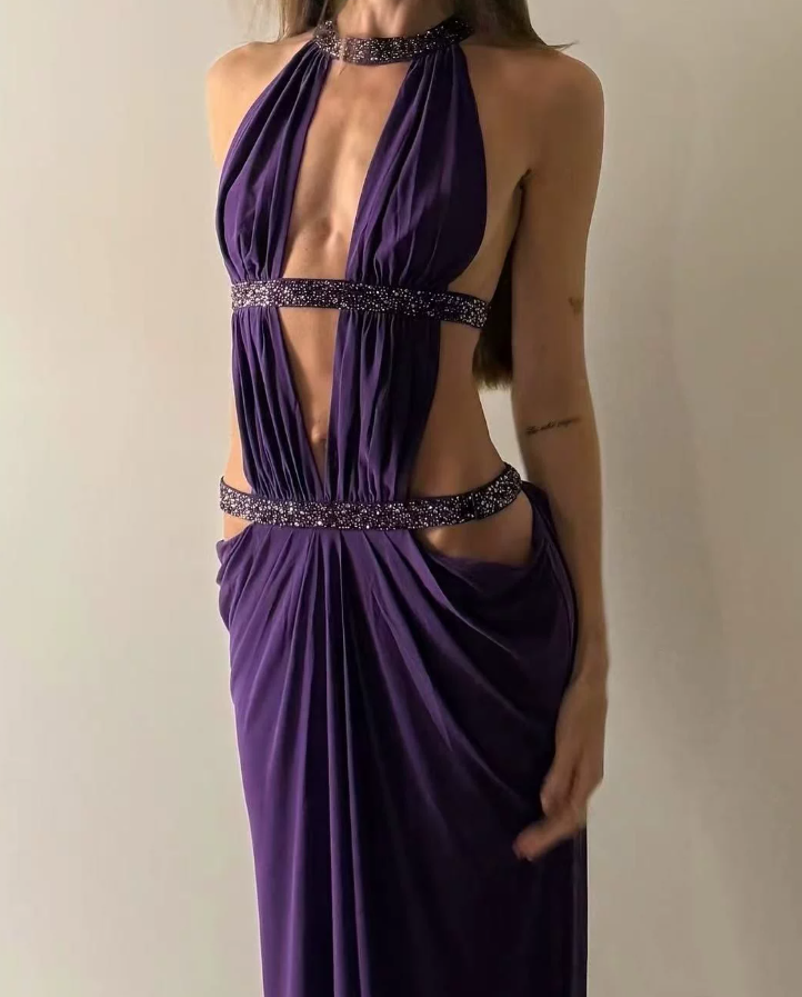 Vintage Halter Neck Prom Dress Cutouts Beaded Mermaid Evening Dress C9395
