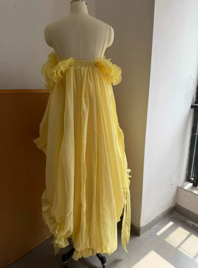 Adorable Spaghetti Strap Yellow Homecoming Dress Ruffles A-Line Party Dress C9401