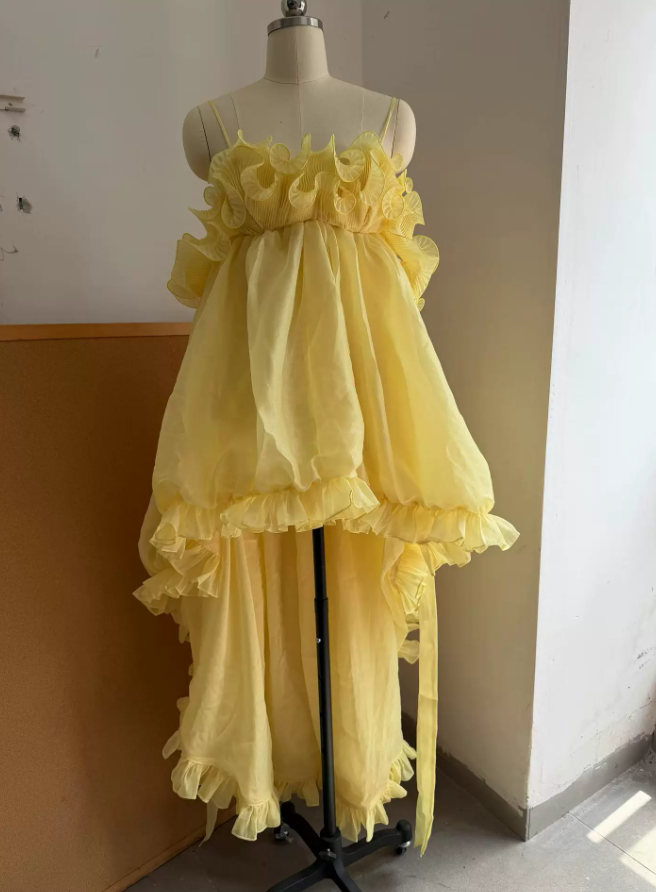 Adorable Spaghetti Strap Yellow Homecoming Dress Ruffles A-Line Party Dress C9401