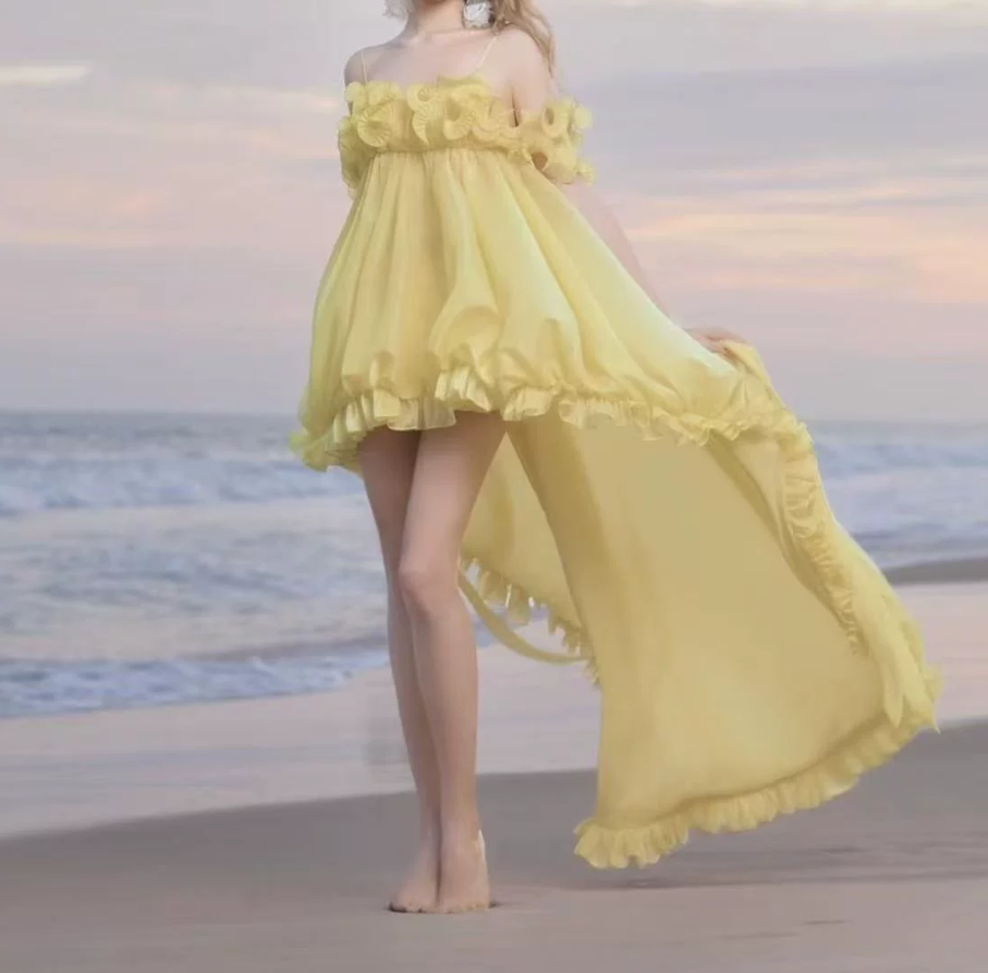 Adorable Spaghetti Strap Yellow Homecoming Dress Ruffles A-Line Party Dress C9401