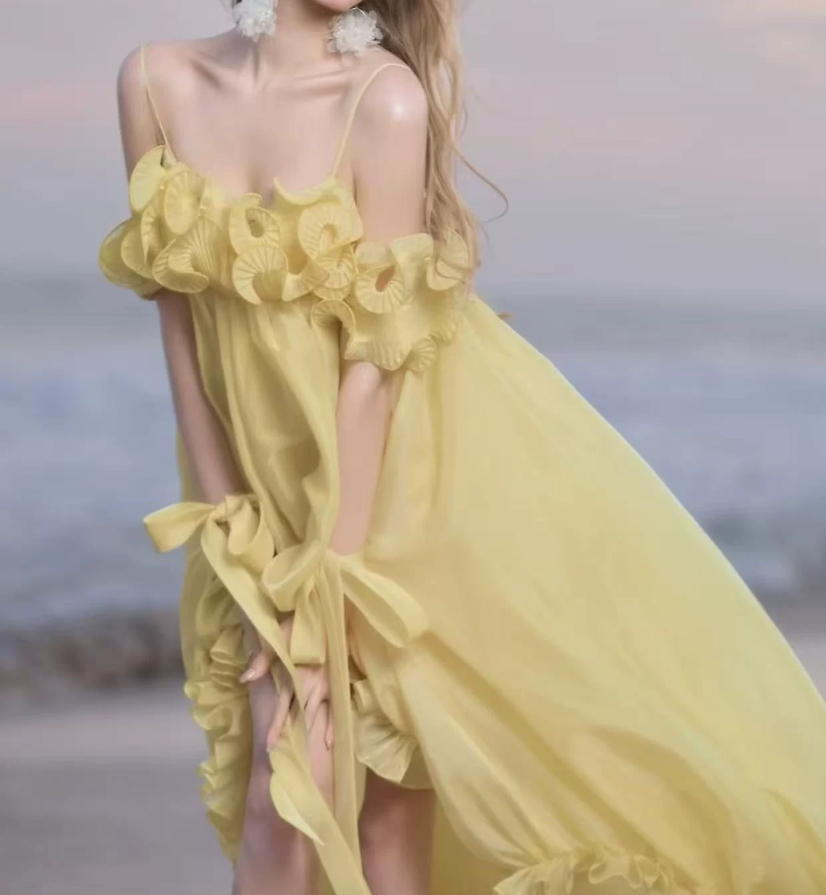 Adorable Spaghetti Strap Yellow Homecoming Dress Ruffles A-Line Party Dress C9401