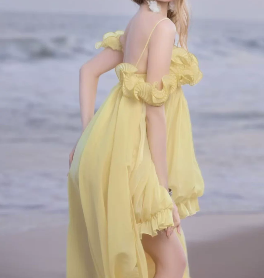 Adorable Spaghetti Strap Yellow Homecoming Dress Ruffles A-Line Party Dress C9401
