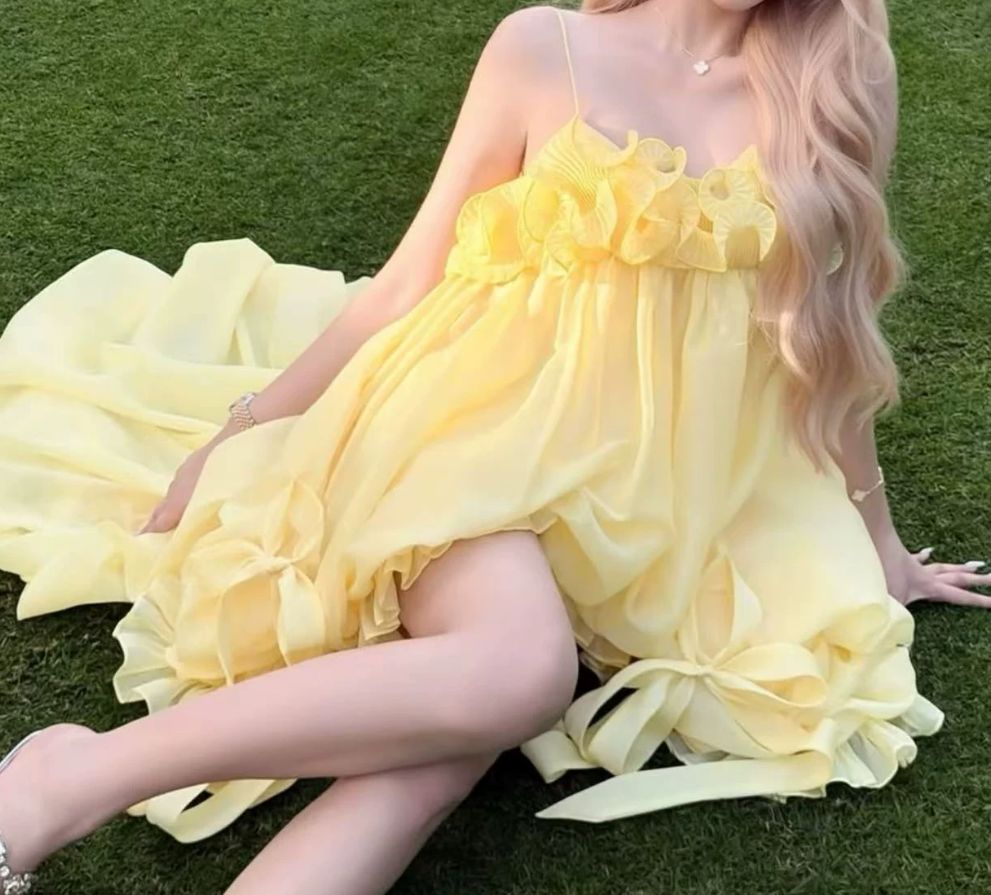 Adorable Spaghetti Strap Yellow Homecoming Dress Ruffles A-Line Party Dress C9401