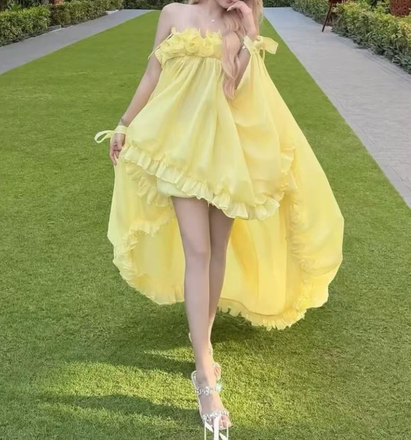 Adorable Spaghetti Strap Yellow Homecoming Dress Ruffles A-Line Party Dress C9401