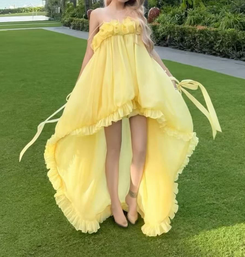 Adorable Spaghetti Strap Yellow Homecoming Dress Ruffles A-Line Party Dress C9401