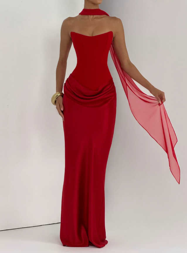 Vintage Strapless Draped Prom Dress With Scarf Mermaid Evening Dress C9402