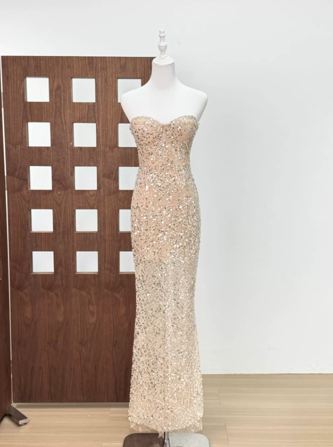 Attractive Strapless Beige Prom Dress Sequins Mermaid Evening Dress C9405