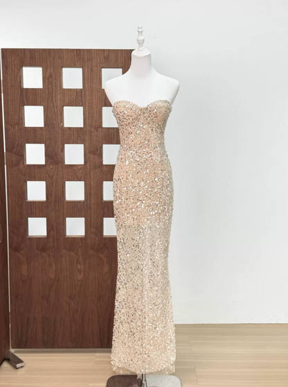 Attractive Strapless Beige Prom Dress Sequins Mermaid Evening Dress C9405