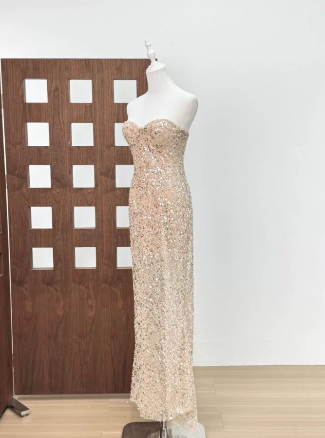 Attractive Strapless Beige Prom Dress Sequins Mermaid Evening Dress C9405