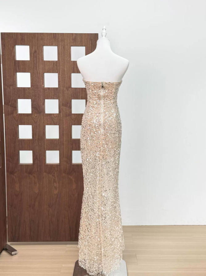 Attractive Strapless Beige Prom Dress Sequins Mermaid Evening Dress C9405
