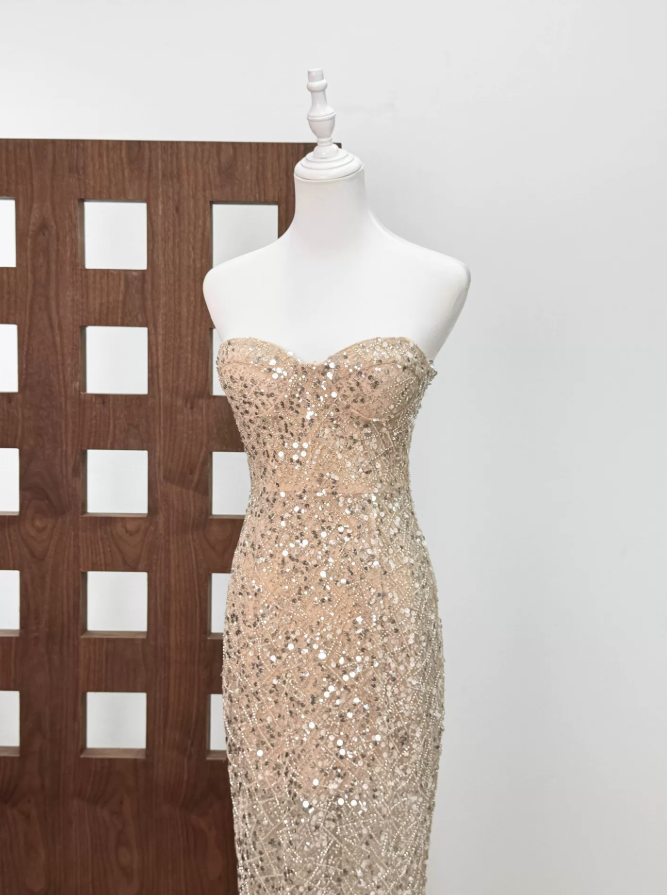 Attractive Strapless Beige Prom Dress Sequins Mermaid Evening Dress C9405