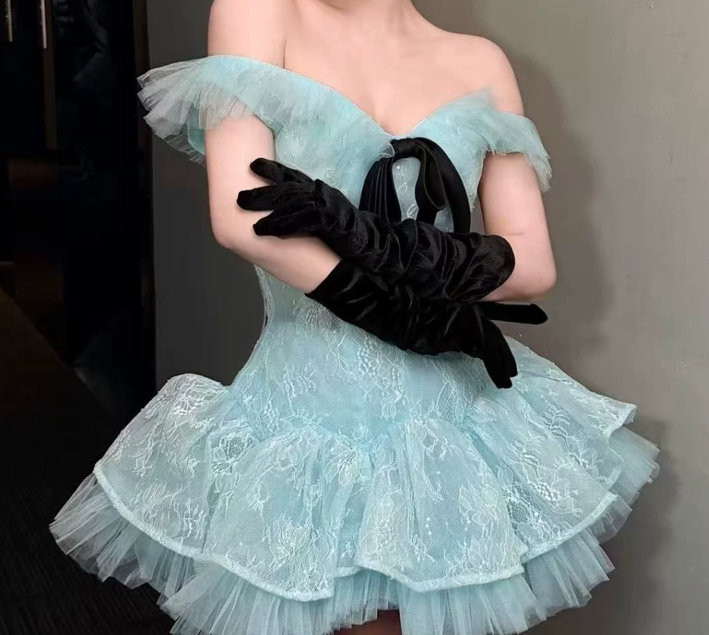 Sweet Off-Shoulder Homecoming Dress Lace Tulle A-Line Party Dress C9410