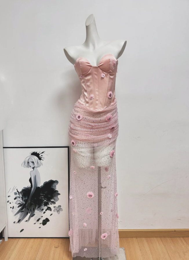 Romantic Strapless Pink Prom Dress Appliques Sequins Mermaid Evening Dress C9412