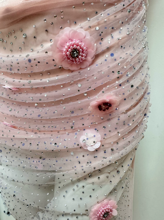 Romantic Strapless Pink Prom Dress Appliques Sequins Mermaid Evening Dress C9412
